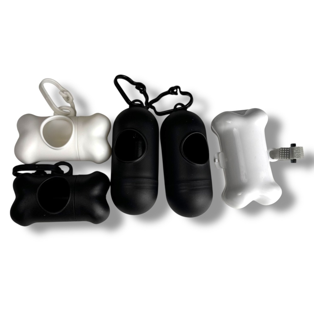 Dog‎ Poop Bag Dispenser Bone Shape Holder Set Black White Leash Attachment C14Q
